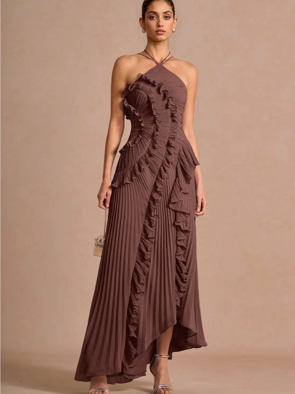 Azazie Brown Ruffle Pleated Gown